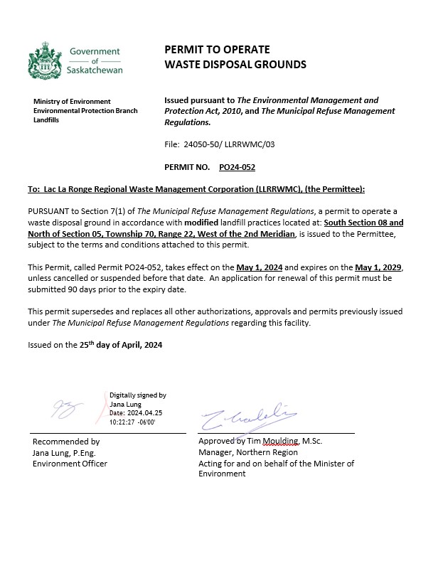 Canada Saskatchewan Permit to operate waste disposal grounds